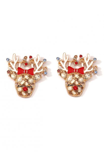 Golden Deer Rhinestone Oil Spill Earrings in Red Bow