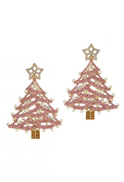 Star-Topped Christmas Tree Earrings in Pink