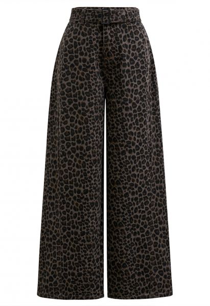 Classic Belted High-Waist Wide-Leg Jeans in Leopard Print