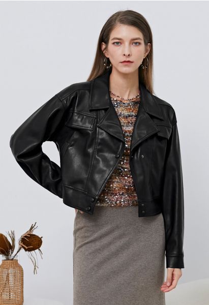 Faux Leather Fake Flap Pocket Stud Button Jacket in Black