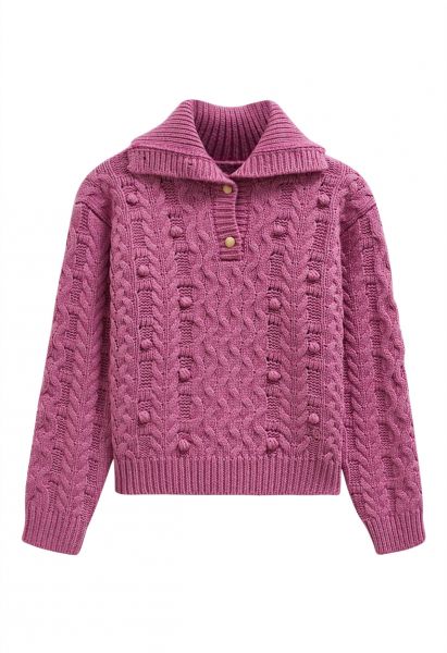 Button Neck Pom Pom Chunky Cable Knit Sweater in Violet