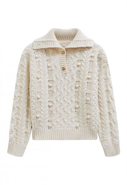 Button Neck Pom Pom Chunky Cable Knit Sweater in Ivory