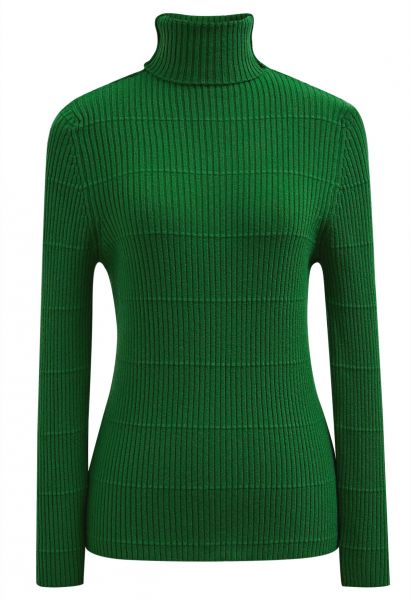 Softness Turtleneck Ribbed Texture Knit Top in Green