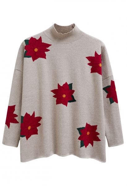 Christmas Poinsettia Mock Neck Oversized Knit Sweater