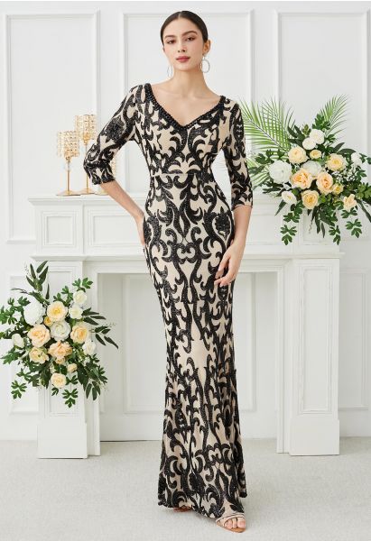 Baroque Sequin V-Neck Mesh Mermaid Gown in Black