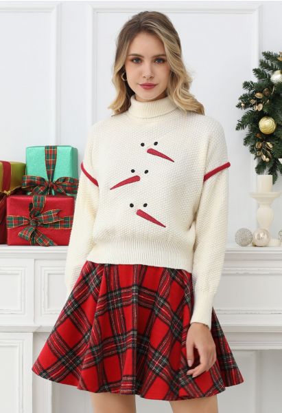 Playful Snowman Embroidery Turtleneck Waffle Knit Sweater