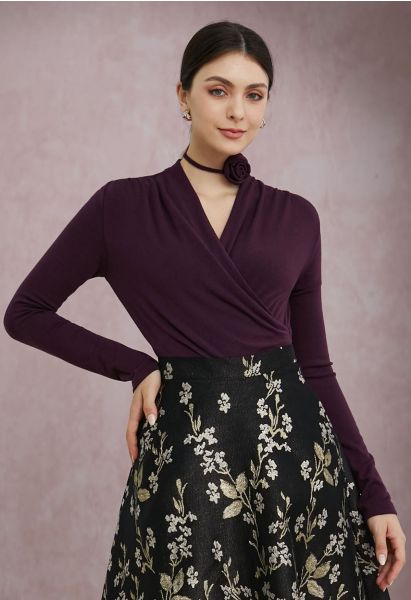 Faux-Wrap Ruched Top with Choker in Purple