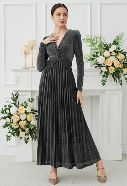 Glistening Twisted Front Pleated Maxi Dress in Smoke