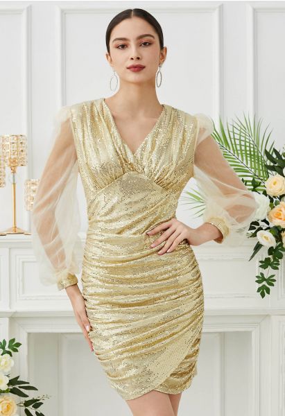 Golden Sequin Organza Puff Sleeve Cocktail Dress