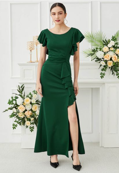 Cascade Ruffle Split Front Sleek Gown in Dark Green