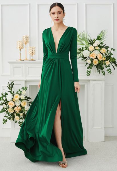 Deep V-Neck Front Split Maxi Gown in Green