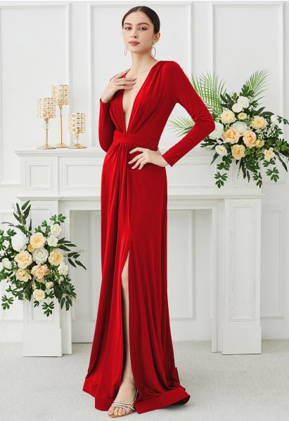 Deep V-Neck Front Split Maxi Gown in Red