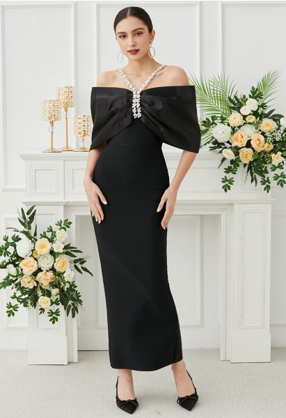 Rhinestones Decor Big Bow Cold-Shoulder Maxi Dress in Black