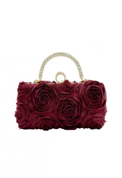 Opulent Rose Rhinestone Handle Clutch in Burgundy