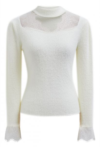 Choker Neck Lace Panel Fuzzy Knit Top in White