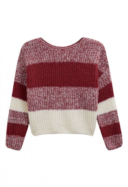 Fuzzy Contrast Stripe Ribbed Knit Sweater in Red