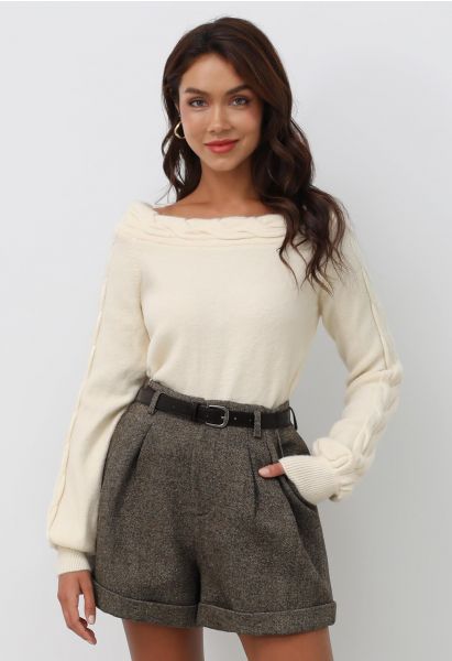 Bask in Winter Off-Shoulder Cable Knit Sweater in Cream