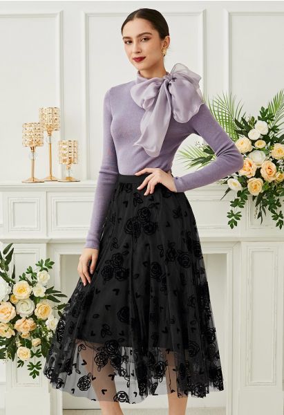 3D Rose and Heart Mesh Midi Skirt in Black