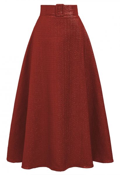 Metallic Embossed Belted A-Line Maxi Skirt in Red