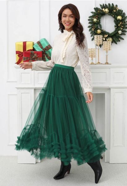 Ruffle Hem Double-Layered Mesh Maxi Skirt in Dark Green