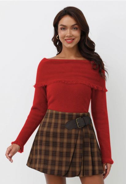 Tassel Folded Off-Shoulder Fuzzy Knit Top in Red