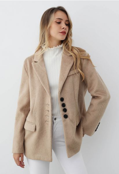 Peak Lapel Buttoned Faux Fur Blazer Coat in Light Tan