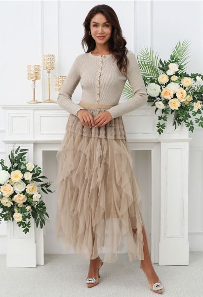 Ruffle Panelled Mesh Tulle Midi Skirt in Light Tan