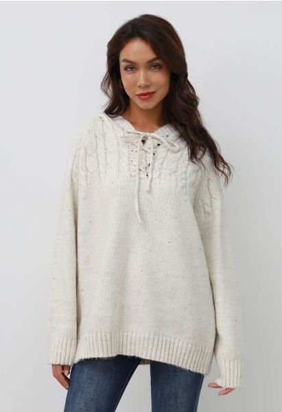 Lace-Up Hooded Braid Knit Sweater in White