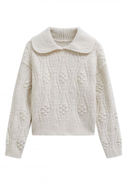 Embossed Dots Collared Knit Sweater in Ivory