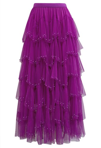 Ethereal Tiered Pearl Tulle Maxi Skirt in Violet