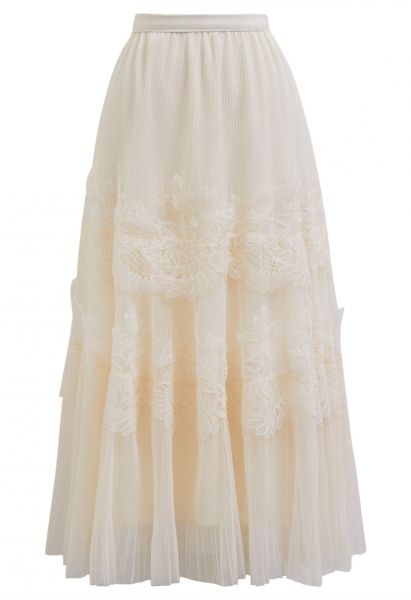 Embroidered Floral Double-Layered Mesh Maxi Skirt in Cream