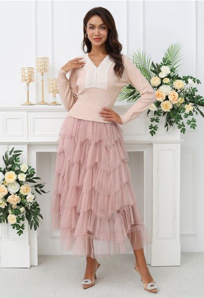 Ethereal Tiered Pearl Tulle Maxi Skirt in Dusty Pink