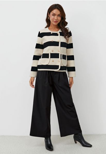 Modern Look Side Pocket Pleats Palazzo Pants in Black