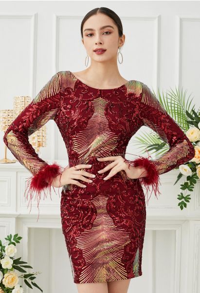 Dazzling Sequins Vine Feather Trim Bodycon Dress in Red