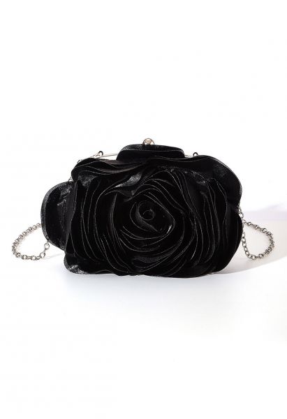 3D Rose Petal Satin Clutch in Black