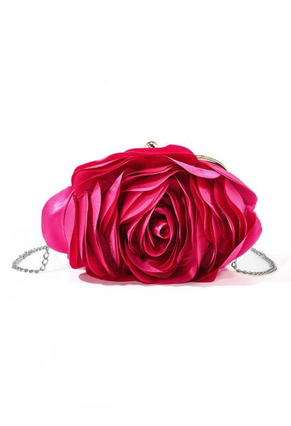 3D Rose Petal Satin Clutch in Magenta