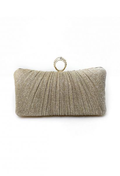 Ornate Pleated Rhinestone Clutch in Champagne