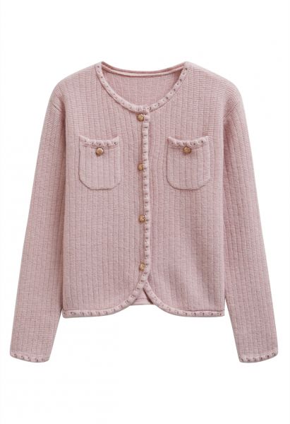 Gleaming Fringe Trim Buttoned Knit Cardigan in Pink