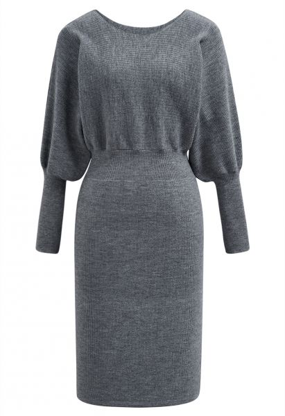 Batwing Sleeves Cinched Waist Knit Dress in Grey