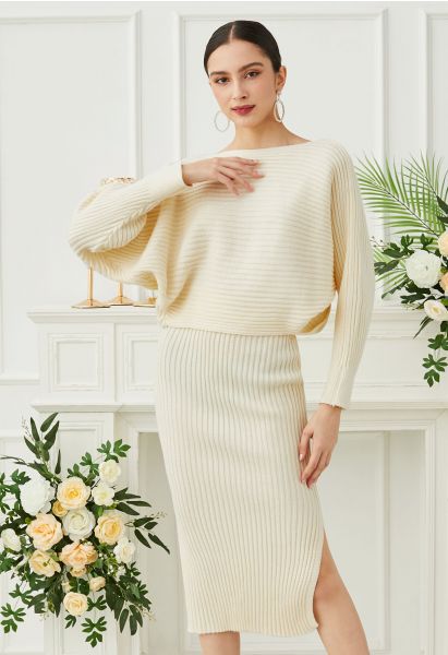 Two-Way Wear Crisscross Knit Top and Skirt Set in Cream