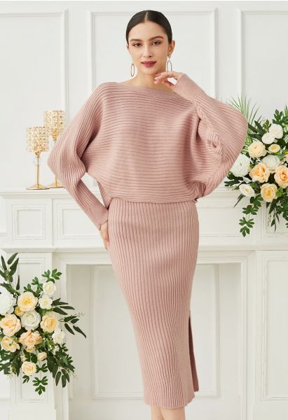 Two-Way Wear Crisscross Knit Top and Skirt Set in Pink