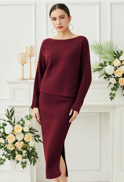 Two-Way Wear Crisscross Knit Top and Skirt Set in Burgundy