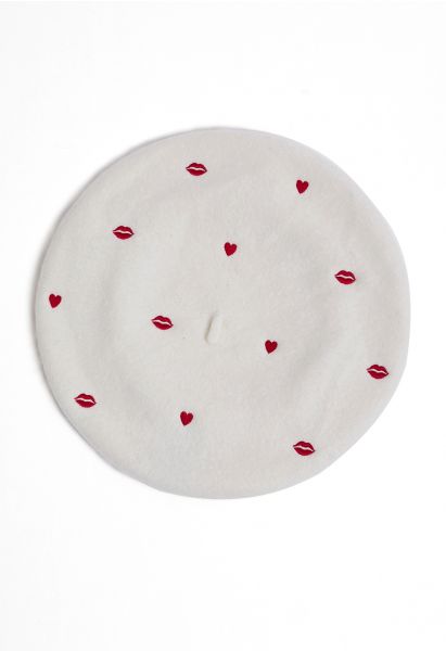 Lips and Hearts Wool-Blend Beret in White