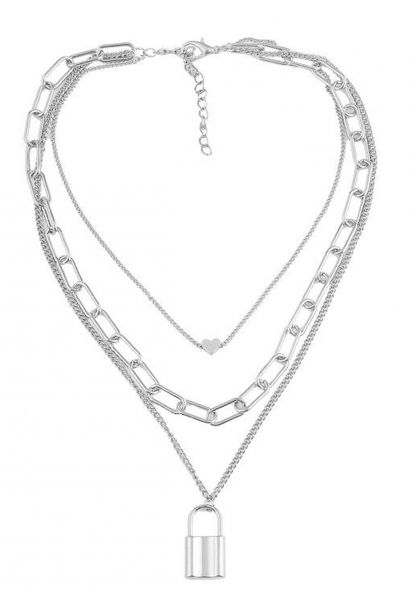 Lock Chain Pendant Layered Necklace in Silver