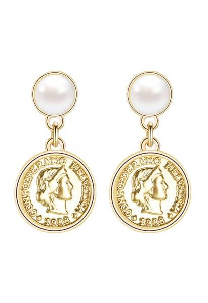 Vintage Gold Coin Pearl Drop Eearrings