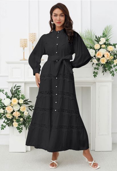 Rose Cutwork Lace Inserted Button Down Maxi Dress in Black