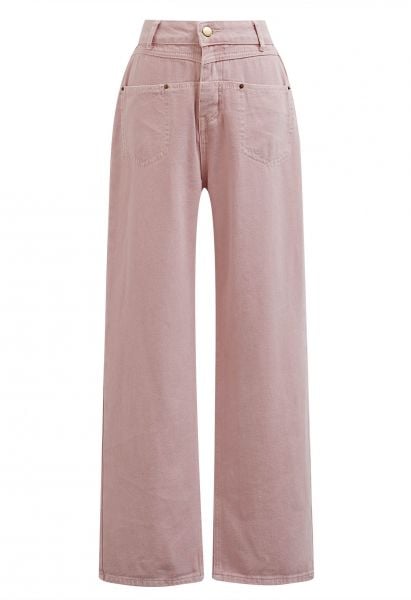 Front Patch Pockets Straight-Leg Jeans in Pink