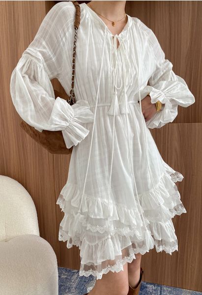 Tiered Ruffle Lace Trim Lantern Sleeves Asymmetric Midi Dress