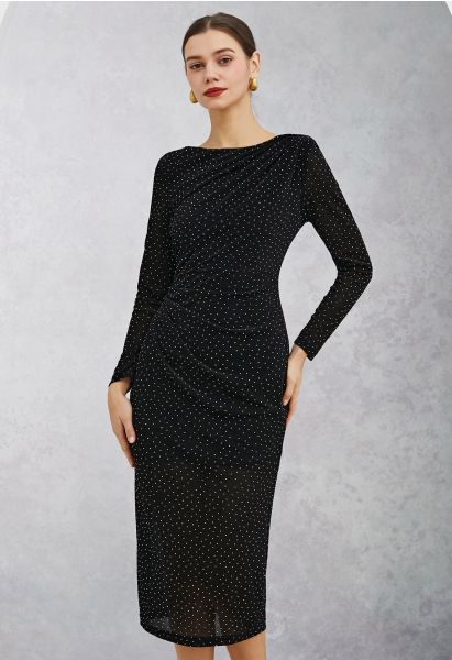 Rhinestone Decor Ruched Pad Shoulder Midi Dress in Black