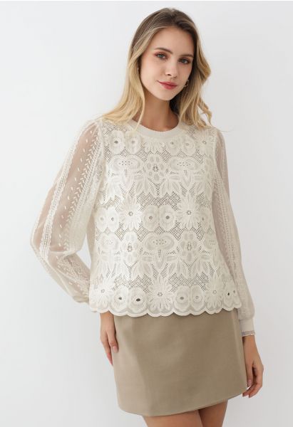 Floral Lace Embroidered Sheer Sleeve Top in Cream